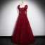 Elegant Burgundy Beading Rhinestone Prom Dresses 2023 A-Line / Princess Scoop Neck Puffy Short Sleeve Backless Floor-Length / Long Formal Dresses