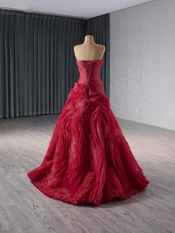 High-end Burgundy Pleated Prom Dresses 2024 Ball Gown Strapless Sleeveless Backless Floor-Length / Long Prom Formal Dresses