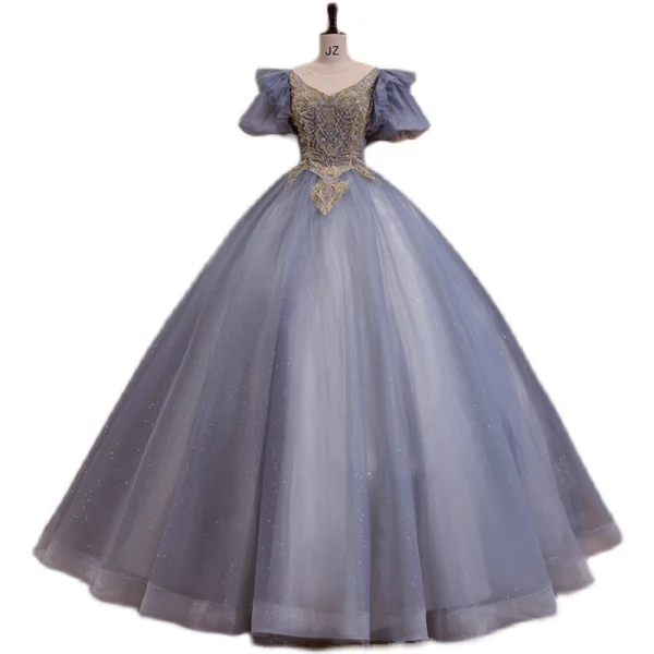 Elegante Himmelblau Perlenstickerei Perle Pailletten Ballkleider 2022 Ballkleid Rundhalsausschnitt Geschwollenes Kurze Ärmel Rückenfreies Lange Festliche Kleider