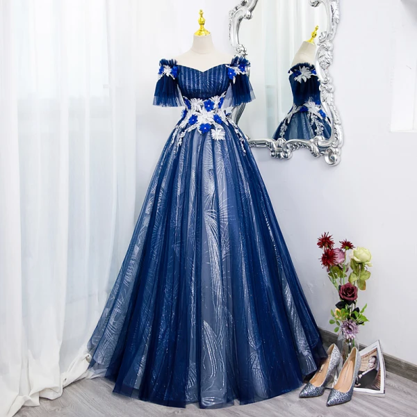 Elegant Royal Blue Beading Appliques Sequins Prom Dresses 2022 Ball Gown Off-The-Shoulder Short Sleeve Backless Floor-Length / Long Prom Formal Dresses