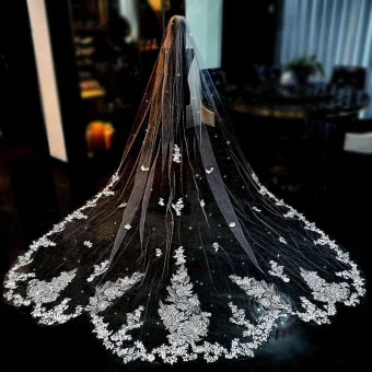 Charming White Glitter Lace Flower Wedding Veils 2024 3 5 M Tulle Chapel Train