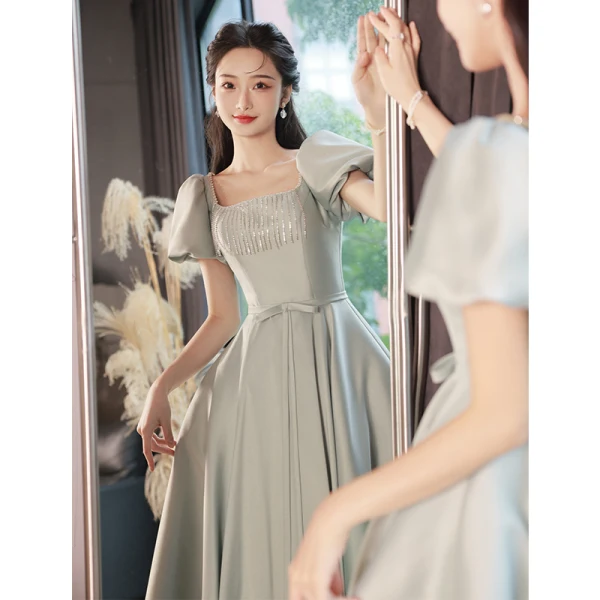 light green dress with sleeves Long Wedding-Guest Dress with Long Sleeves