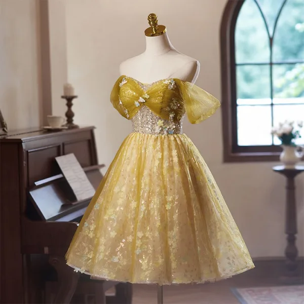 Flower Fairy Champagne Appliques Sequins Short Homecoming Graduation Dresses 2024 Ball Gown Off-The-Shoulder Short Sleeve Backless Tulle