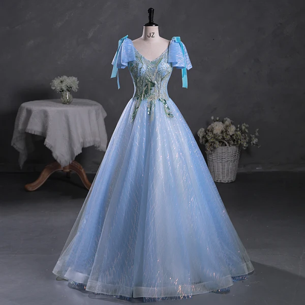 Fashion Sky Blue Beading Sequins Prom Dresses 2023 Ball Gown V-Neck Bow Short Sleeve Backless Floor-Length / Long Prom Formal Dresses