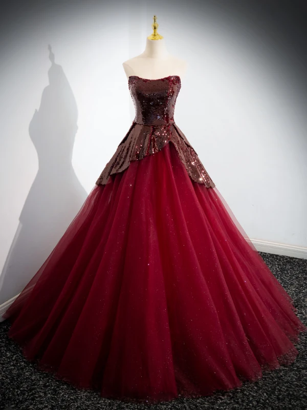 Chic / Belle Bordeaux Paillettes Robe De Bal 2024 Robe Boule Bustier Sans Manches Dos Nu Longue Promo Robe De Ceremonie