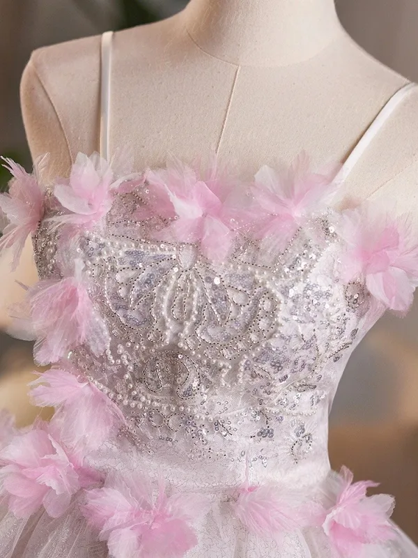 Charmant Rougissant Rose Perle Paillettes Appliques de retour Courte Robe De Graduation 2025 Princesse Bretelles Spaghetti Sans Manches Dos Nu Tulle