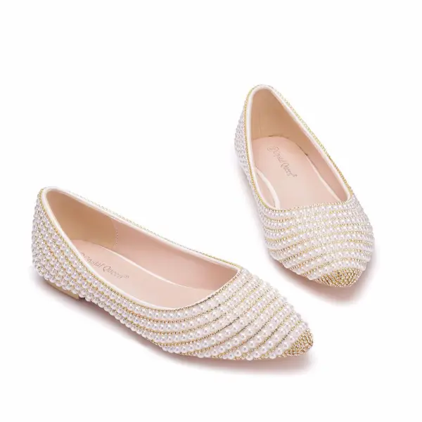 Scintillantes Doré Perle Faux Diamant Plate Chaussure De Mariée 2023 À Bout Pointu Chaussure De Mariée