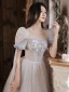 Chic / Beautiful Grey Beading Glitter Evening Dresses 2023 A-Line / Princess Scoop Neck Short Sleeve Backless Floor-Length / Long Evening Party Formal Dresses