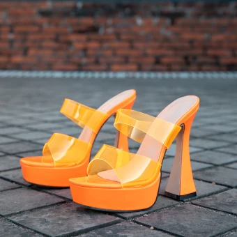 Sexy Transparent Orange Soirée Sandales Femme 2023 13 Cm Peep Toes Bout Ouvert Sandales Talons Hauts Talons Épais