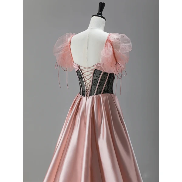 Élégant Rougissant Rose Robe De Bal 2022 Princesse Encolure Carrée Gonflée Manches Courtes Noeud Dos Nu Longue Promo Robe De Ceremonie