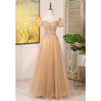 Chic Beautiful Champagne Beading Sequins Prom Dresses 2024 A Line Princess Scoop Neck Short Sleeve Backless Floor Length Long Prom Formal Dresses