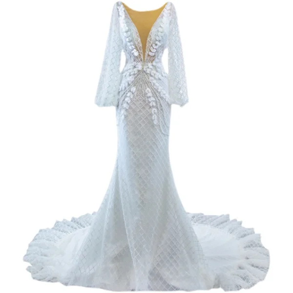 Charmant High End Weiß Perlenstickerei Strass Pailletten Applikationen Brautkleider / Hochzeitskleider 2022 Meerjungfrau Rundhalsausschnitt Lange Ärmel Rückenfreies Lange Hochzeit