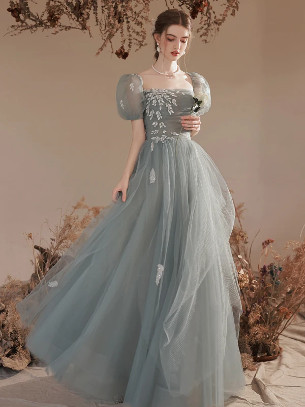 Chic / Beautiful Sage Green Sequins Prom Dresses 2023 A-Line / Princess Square Neckline Short Sleeve Backless Floor-Length / Long Prom Formal Dresses