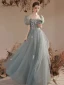 Chic / Beautiful Sage Green Sequins Prom Dresses 2023 A-Line / Princess Square Neckline Short Sleeve Backless Floor-Length / Long Prom Formal Dresses