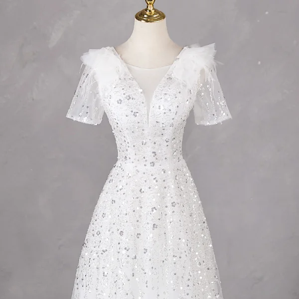 Chic / Beautiful White Sequins Prom Dresses 2024 A-Line / Princess Scoop Neck Short Sleeve Backless Floor-Length / Long Prom Formal Dresses