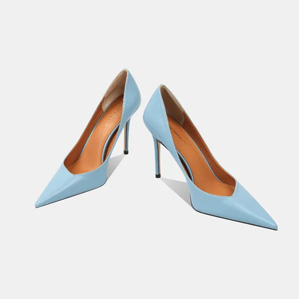 Elegant Sky Blue OL Office Pumps 2026 Leather 7 cm Stiletto Heels Pointed Toe High Heels