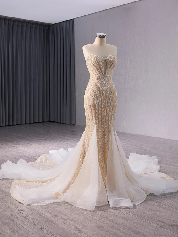 Sparkly High-end Champagne Handmade  Beading Pearl Sequins Evening Dresses 2024 Trumpet / Mermaid Strapless Sleeveless Backless Floor-Length / Long Evening Party