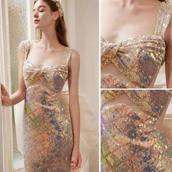 Sexy Champagne Paillettes Robe De Soirée 2022 Trompette / Sirène Satin Bretelles Spaghetti Sans Manches Dos Nu Noeud Tribunal Train Soirée Robe De Ceremonie