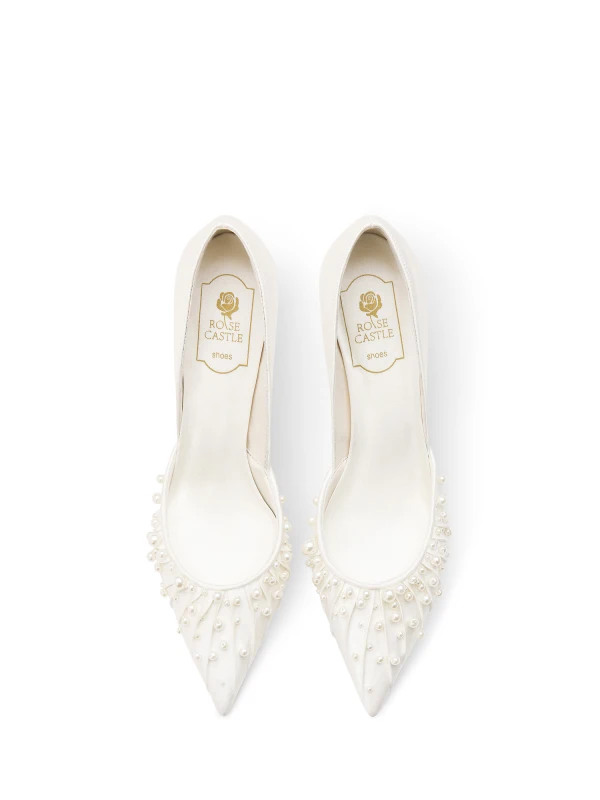 Elegante Witte Parel Leer Bruidsschoenen 2024 8 cm Naaldhakken / Stiletto Spitse Neus Huwelijk Pumps Hoge Hakken Bruidsschoenen