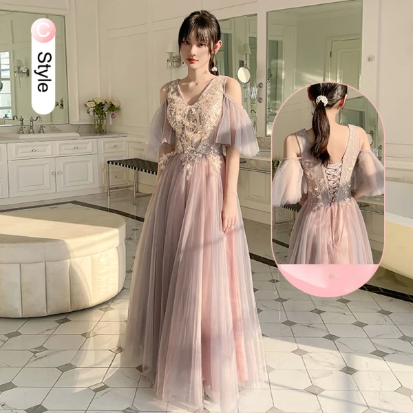 Chic / Beautiful Blushing Pink Lace Flower Bridesmaid Dresses 2023 A-Line / Princess Short Sleeve Backless Floor-Length / Long Bridesmaid Dresses