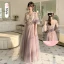 Chic / Beautiful Blushing Pink Lace Flower Bridesmaid Dresses 2023 A-Line / Princess Short Sleeve Backless Floor-Length / Long Bridesmaid Dresses