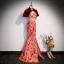 Charming Burgundy Split Front Printing Cheongsam Evening Dresses 2023 Trumpet / Mermaid High Neck Short Sleeve Backless Floor-Length / Long Evening Party Formal Dresses