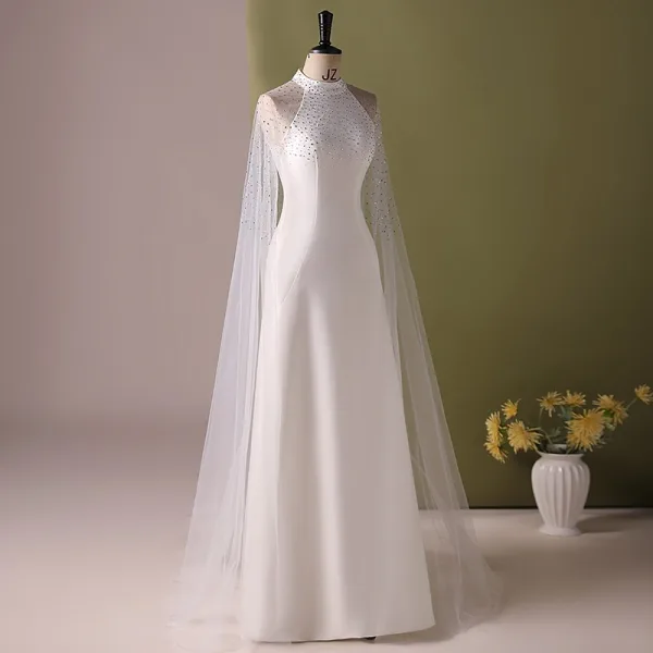 Elegant Hvide Rhinestone Gallakjoler 2024 Havfrue Høj Hals Ærmeløs Lange Galla Kjoler