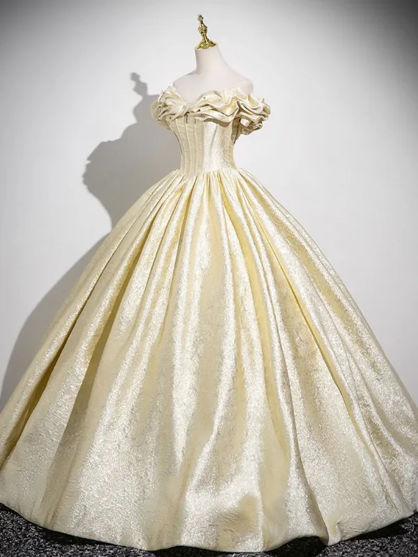 Chic / Beautiful Yellow Prom Dresses Ball Gown 2025 Off-The-Shoulder Short Sleeve Backless Floor-Length / Long Prom Formal Dresses