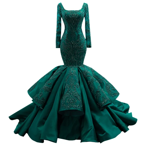 Haut de Gamme Vert Foncé Perlage Perle Paillettes En Dentelle Fleur Robe De Soirée 2022 Satin Trompette / Sirène Encolure Carrée Manches Courtes Dos Nu Longue Robe De Ceremonie