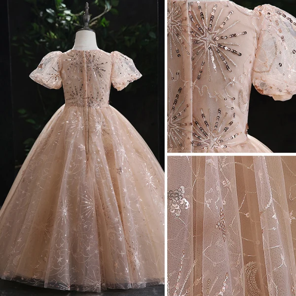 Sparkly Champagne Beading Lace Flower Sequins Birthday Flower Girl Dresses 2022 Ball Gown Scoop Neck Short Sleeve Floor-Length / Long Flower Girl Dresses