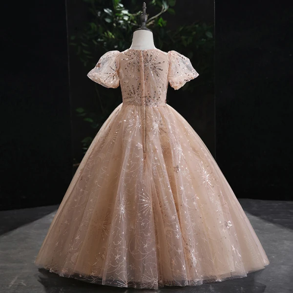 Sparkly Champagne Beading Lace Flower Sequins Birthday Flower Girl Dresses 2022 Ball Gown Scoop Neck Short Sleeve Floor-Length / Long Flower Girl Dresses