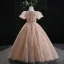Chic / Beautiful Champagne Lace Star Sequins Prom Flower Girl Dresses 2022 Ball Gown Scoop Neck Puffy Short Sleeve Floor-Length / Long Flower Girl Dresses