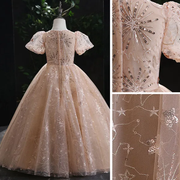Chic / Beautiful Champagne Lace Star Sequins Prom Flower Girl Dresses 2022 Ball Gown Scoop Neck Puffy Short Sleeve Floor-Length / Long Flower Girl Dresses