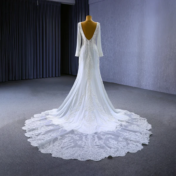High-end White Beading Lace Flower Wedding Dresses 2023 Trumpet / Mermaid Scoop Neck Long Sleeve Backless Chapel Train Wedding
