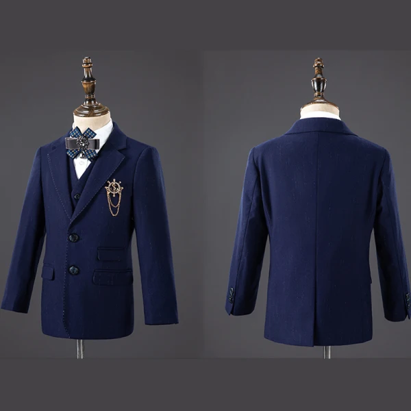 Fashion Navy Blue 5-piece Long Sleeve Boys Wedding Suits 2022 Wedding Coat Pants Shirt Tie Vest
