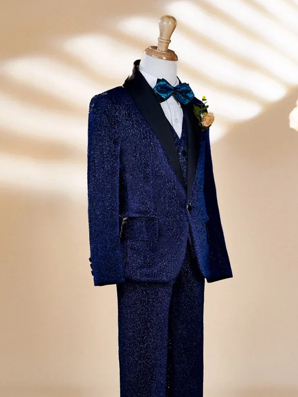Fall Winter Navy Blue 6-piece Long Sleeve Boys Wedding Suits 2025 Body Jewellery Coat Pants Shirt Tie Vest