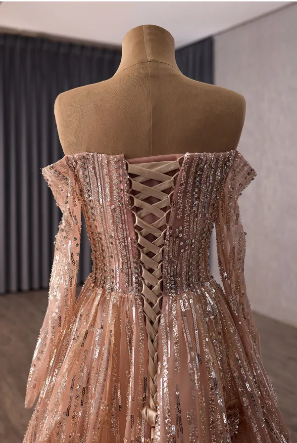 Luxus / Herrlich Glitzernden Rosa Handgefertigt Perlenstickerei Applikationen Pailletten Abendkleider 2026 A Linie Off Shoulder Lange Ärmel Rückenfreies Sweep / Pinsel Zug Abend