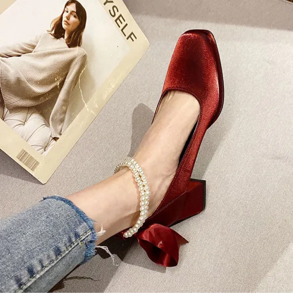 Vintage / Retro Beige Street Wear Womens Shoes 2022 Pearl Ankle Strap Bow 5 cm Thick Heels Square Toe Pumps High Heels