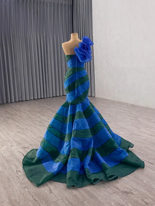 Haut de Gamme Deux tons Océan Bleu En Dentelle Fleur Appliques Robe De Bal 2025 Trompette / Sirène Une épaule Sans Manches Dos Nu Train De Balayage Tulle Robe De Ceremonie