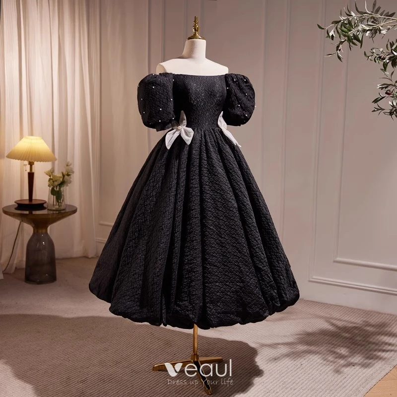 Vintage / Retro Black Pearl Bow Prom Dresses Party Dresses 2023 Ball Gown  Off-The-Shoulder Puffy Short Sleeve Backless Floor-Length / Long Prom  Formal Dresses