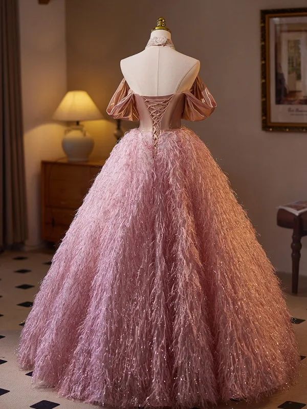 Charming Blushing Pink Beading Rhinestone Lace Flower Tassel Prom Dresses 2025 Ball Gown Off-The-Shoulder Short Sleeve Backless Floor-Length / Long Prom Formal Dresses