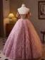 Charming Blushing Pink Beading Rhinestone Lace Flower Tassel Prom Dresses 2025 Ball Gown Off-The-Shoulder Short Sleeve Backless Floor-Length / Long Prom Formal Dresses