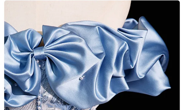 Elegant Sky Blue Glitter Pearl Printing Prom Dresses 2025 Ball Gown Off-The-Shoulder Sleeveless Backless Floor-Length / Long Prom Formal Dresses