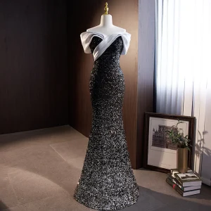 Charmant Noire Paillettes Robe De Soirée 2023 Trompette Sirène Bretelles Spaghetti Sans Manches Dos Nu Longue Soirée Robe De Ceremonie