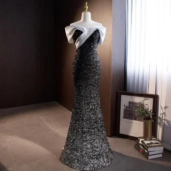 Charmant Noire Paillettes Robe De Soirée 2023 Trompette Sirène Bretelles Spaghetti Sans Manches Dos Nu Longue Soirée Robe De Ceremonie