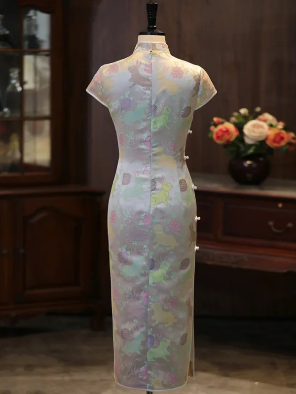 Vintage Silber Drucken Gespaltete Front Wadenlang Cheongsam 2026 Meerjungfrau Stehkragen Ärmel