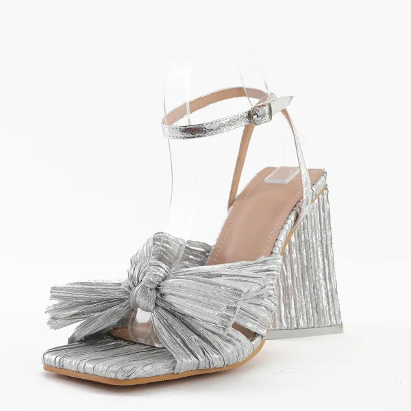 Vintage / Originale Bleu Ciel Vêtement de rue Sandales Femme 2022 Bride Cheville Noeud 10 cm Talons Épais Peep Toes / Bout Ouvert Sandales Talons Hauts