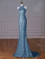 Glitzernden Blau Perlenstickerei Perle Strass Pailletten Abendkleider 2024 Meerjungfrau Stehkragen Ärmellos Sweep / Pinsel Zug Festliche Kleider