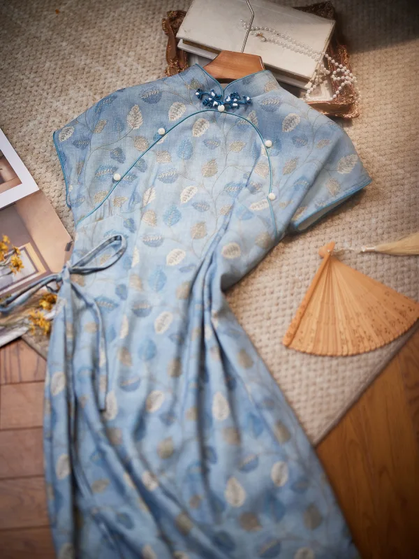 Chinese style Vintage / Retro Sky Blue Printing Cheongsam 2024 Trumpet / Mermaid High Neck Short Sleeve Tea-length