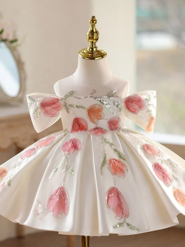 Flower Fairy White Beading Pearl Appliques Sequins Short Bow Birthday Flower Girl Dresses 2026 Ball Gown Off-The-Shoulder Short Sleeve